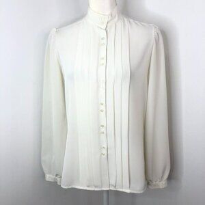 Vintage Weathervane Ivory Button-Down Blouse Sz M Pleated Front Mandarin Collar